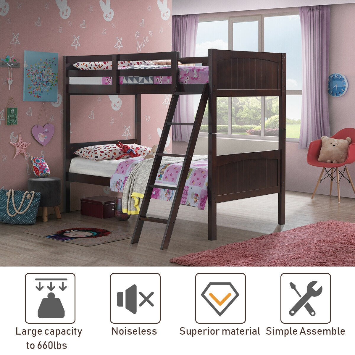 Wooden Twin Over Twin Bunk Bed with Ladder & Safety Rail - Brown