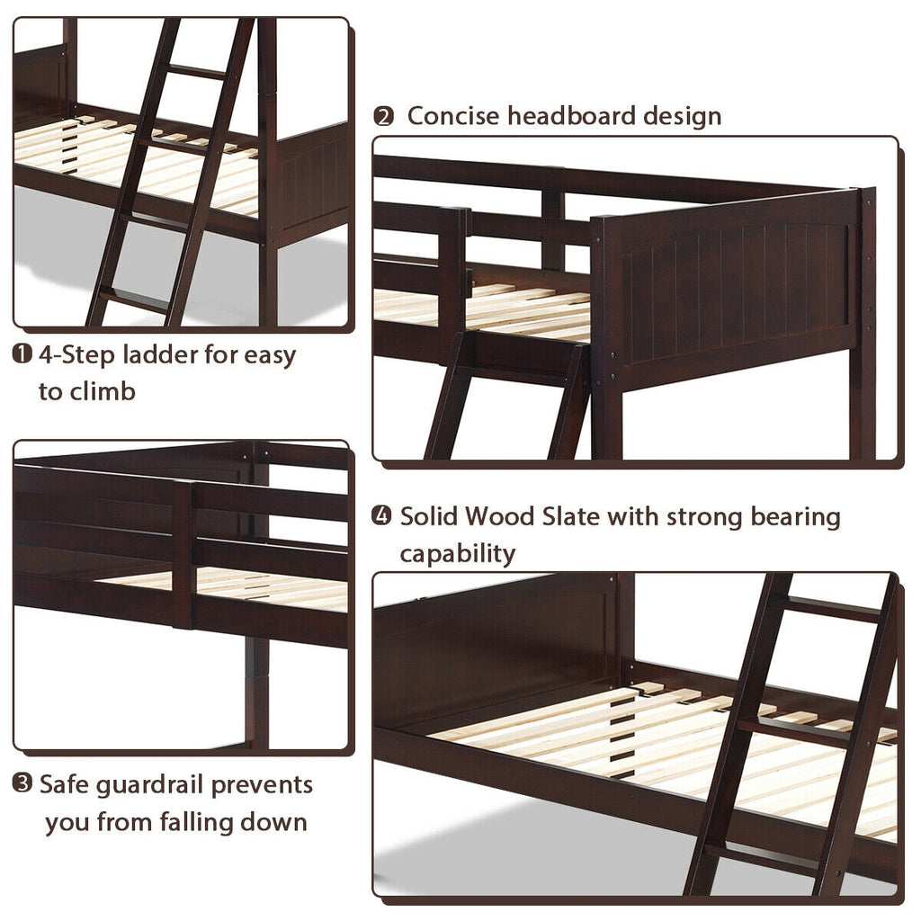 Wooden Twin Over Twin Bunk Bed with Ladder & Safety Rail - Brown