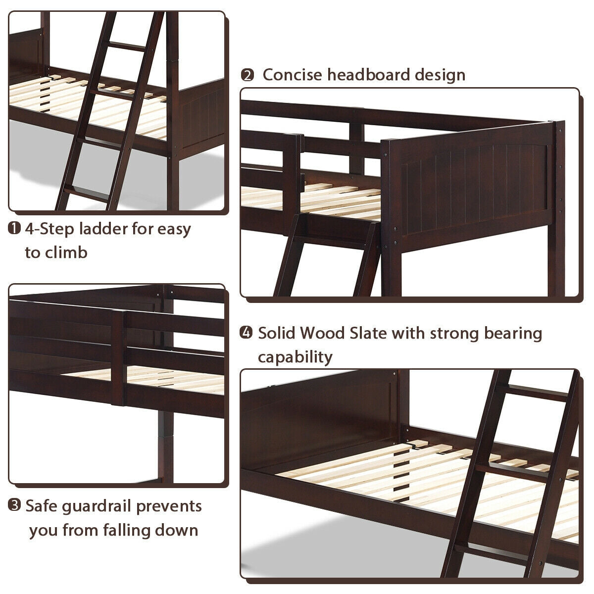 Wooden Twin Over Twin Bunk Bed with Ladder & Safety Rail - Brown