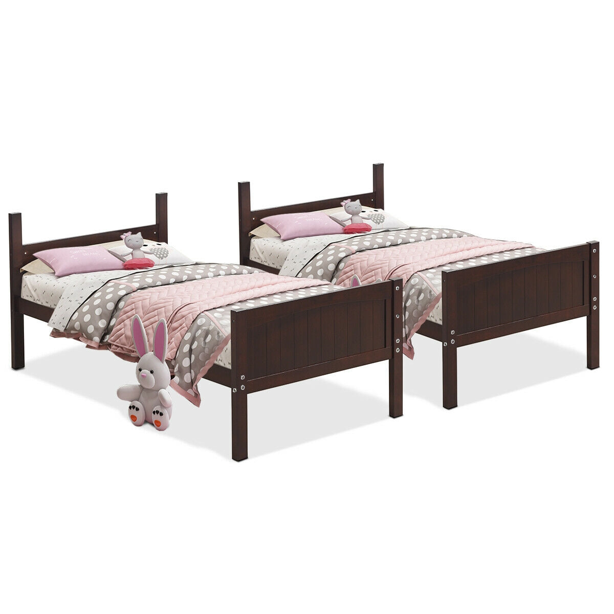 Wooden Twin Over Twin Bunk Bed with Ladder & Safety Rail - Brown