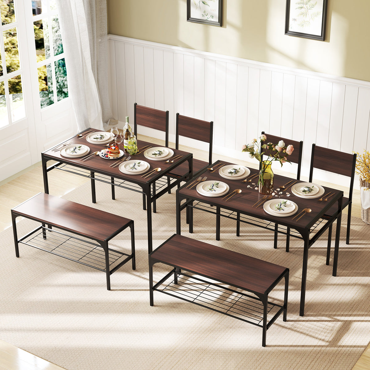 Industrial Dining Table Set with Storage Shelves, Walnut
