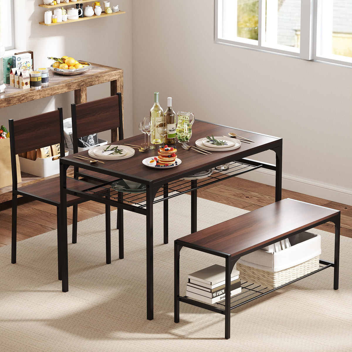 Industrial Dining Table Set with Storage Shelves, Walnut