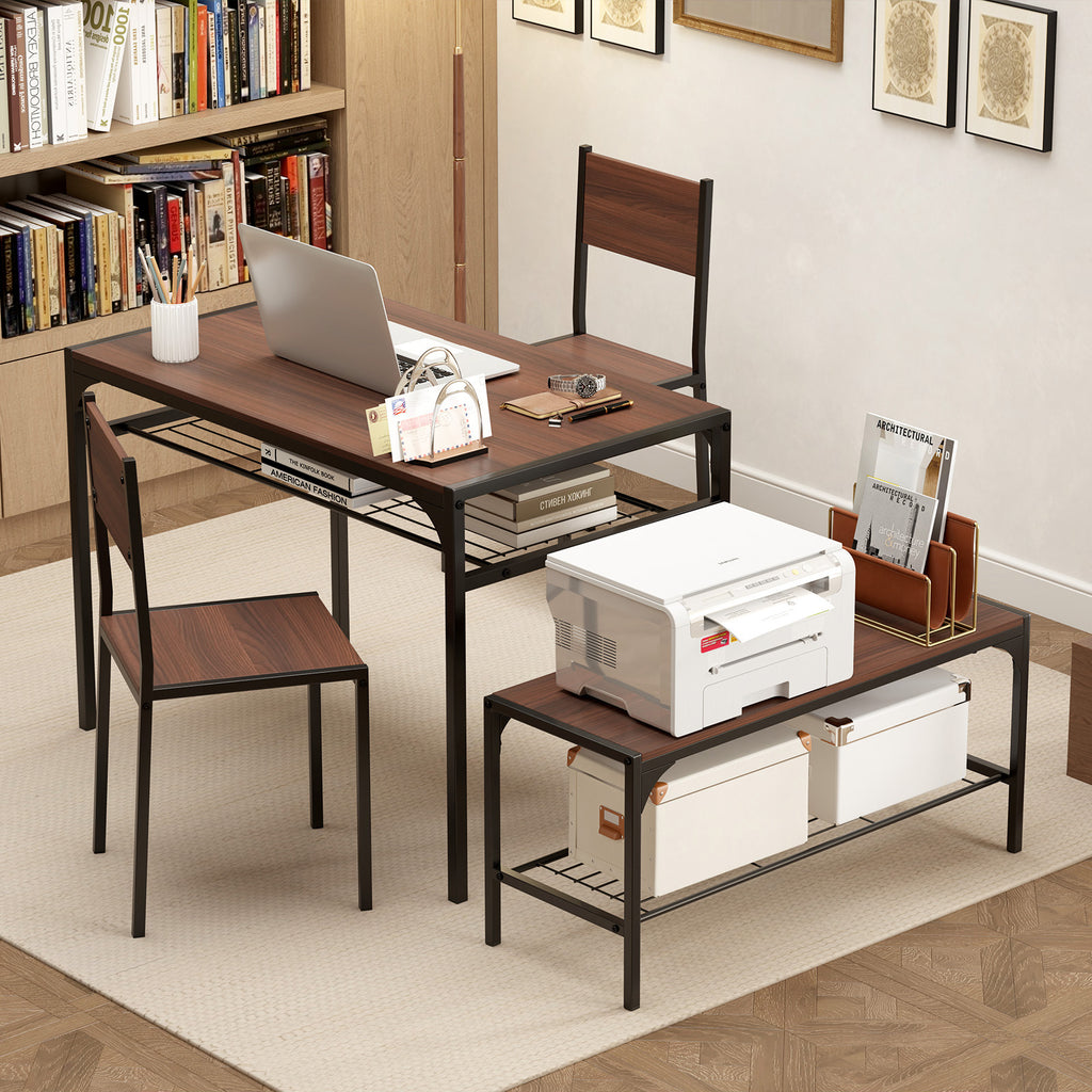 Industrial Dining Table Set with Storage Shelves, Walnut