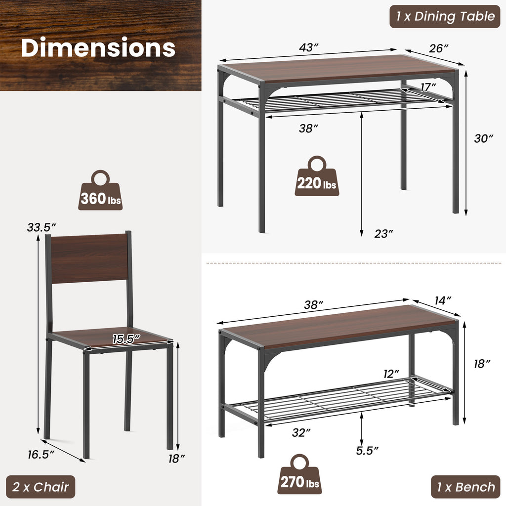 Industrial Dining Table Set with Storage Shelves, Walnut