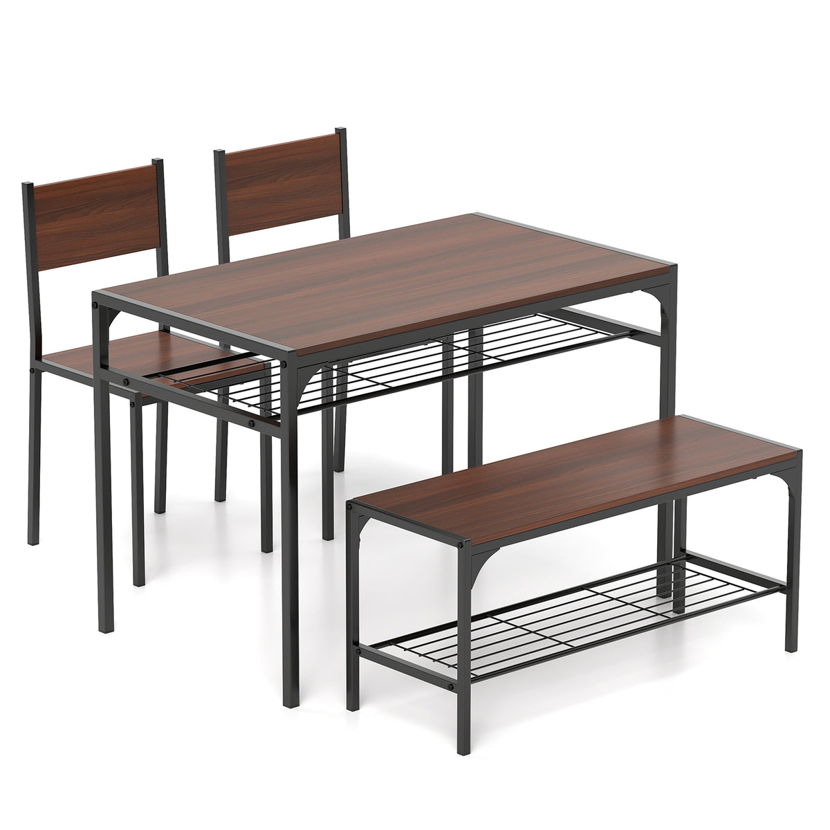 Industrial Dining Table Set with Storage Shelves, Walnut