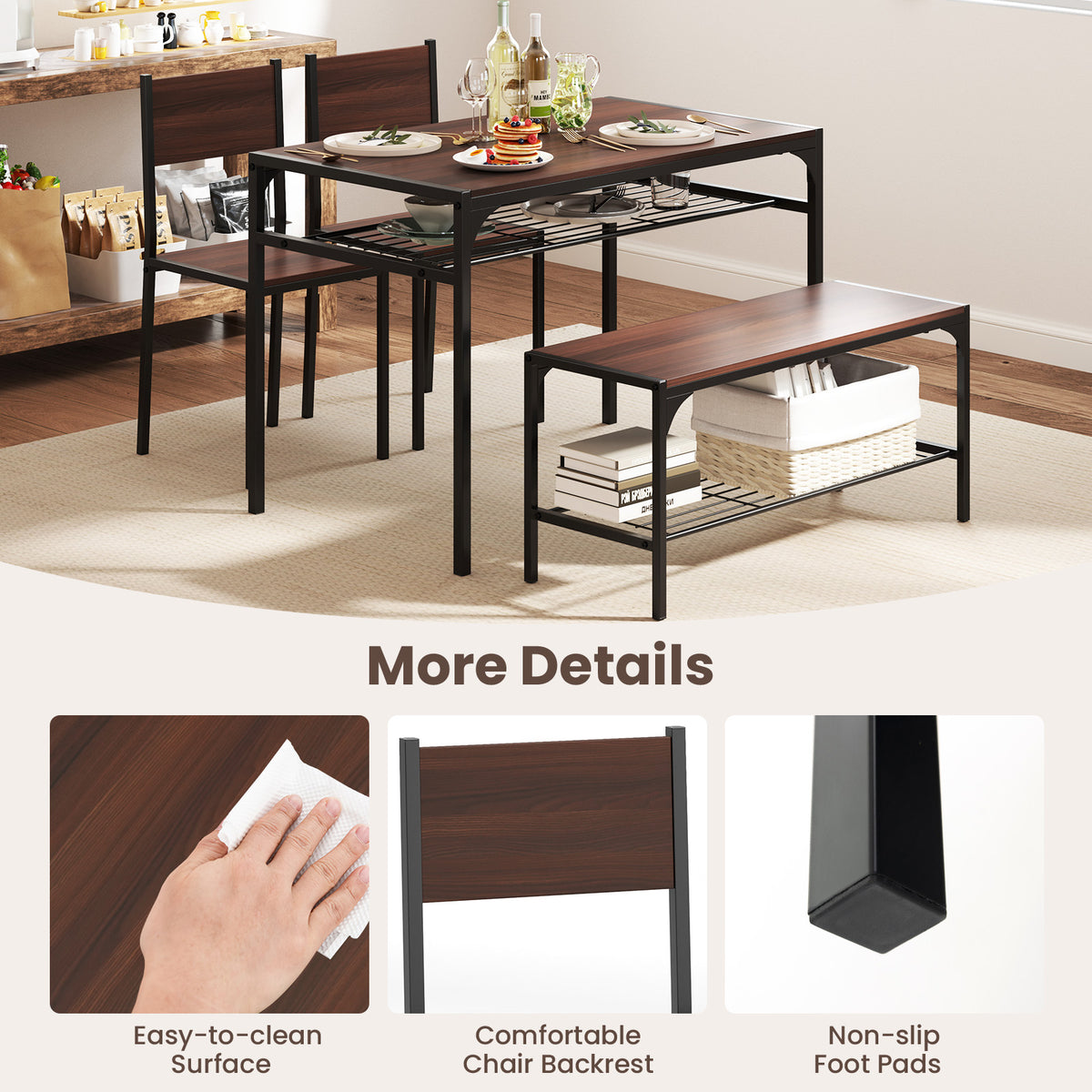 Industrial Dining Table Set with Storage Shelves, Walnut