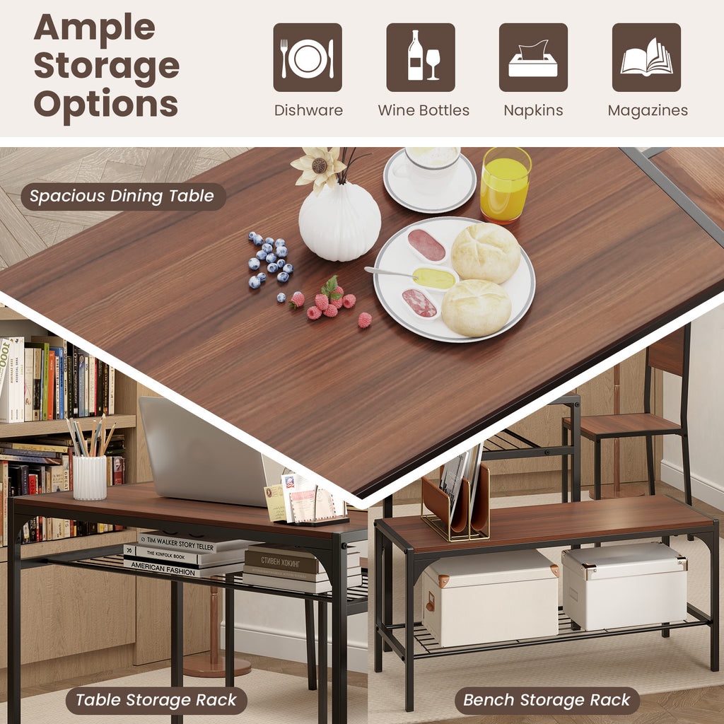 Industrial Dining Table Set with Storage Shelves, Walnut