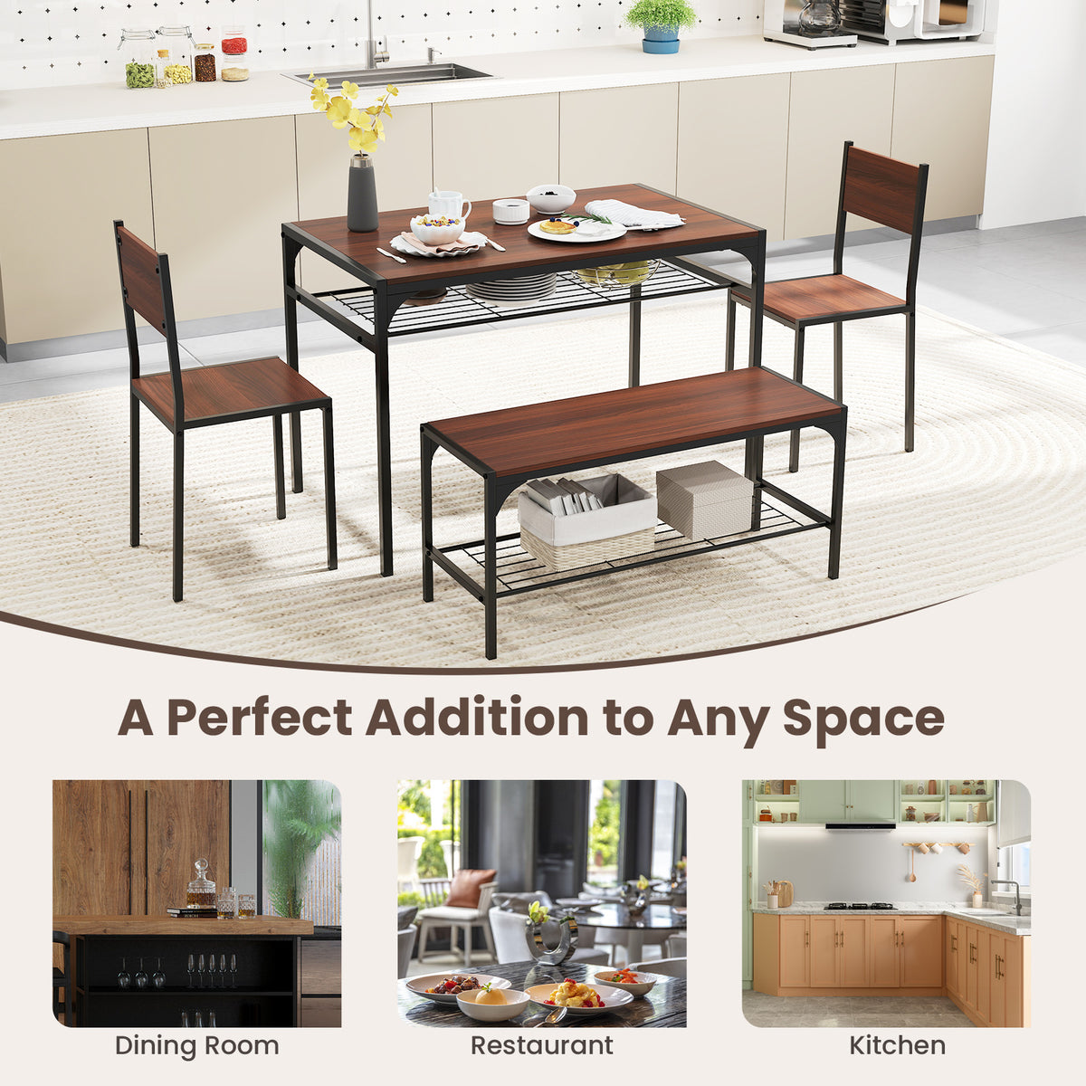 Industrial Dining Table Set with Storage Shelves, Walnut
