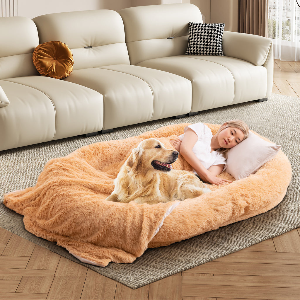 Washable Fluffy Dog Bed with Side Pockets, Blanket & Pillow - Brown