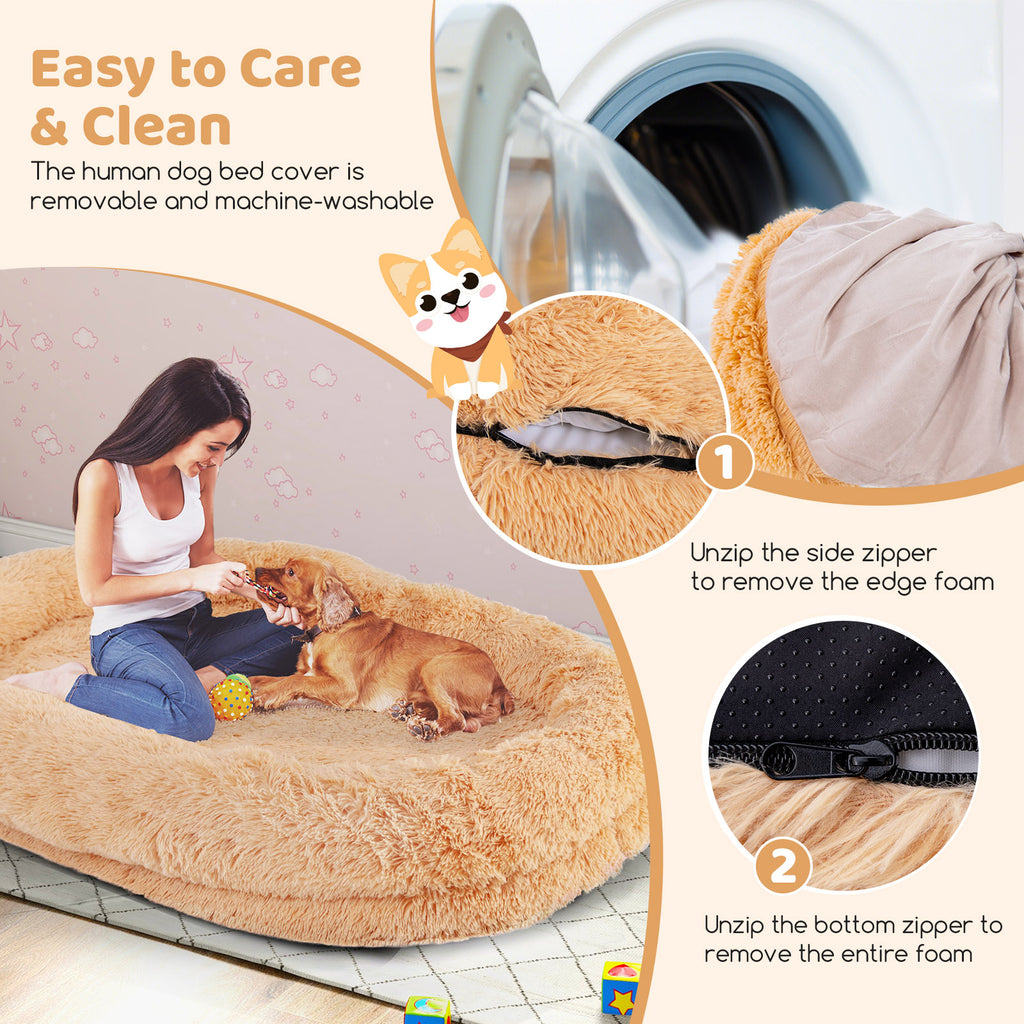 Washable Fluffy Dog Bed with Side Pockets, Blanket & Pillow - Brown