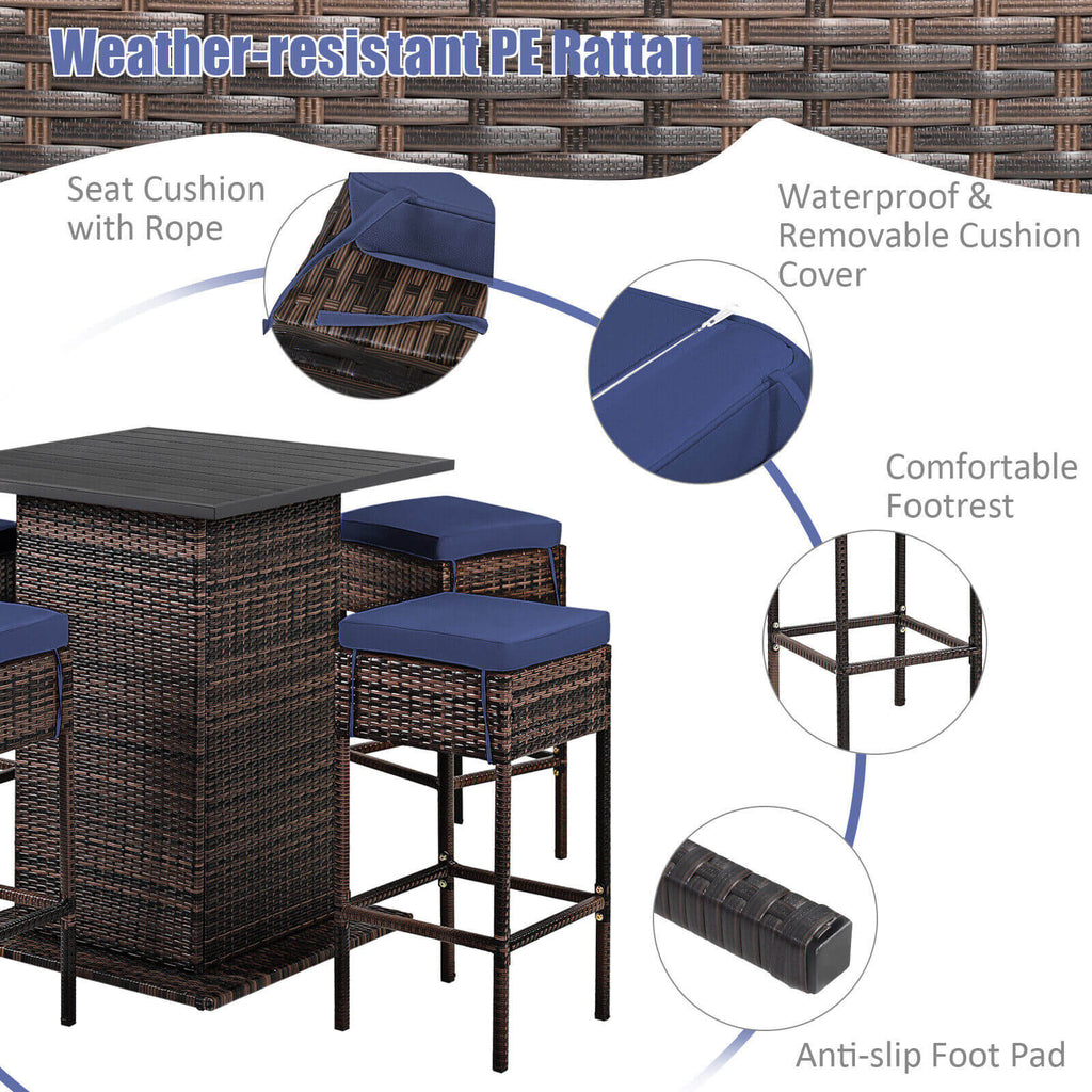 5 Pieces Patio Rattan Bar Furniture Set with Cushions and Hidden