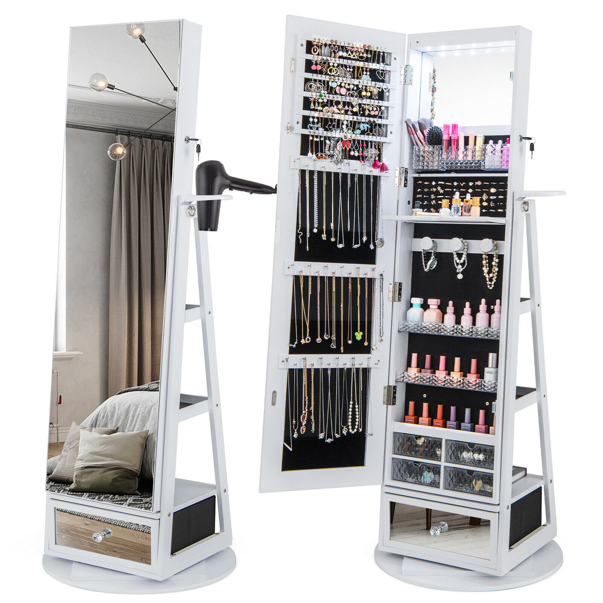 Lockable 360° Swivel Jewelry Cabinet with Full-Length Mirror, LED Lights - White