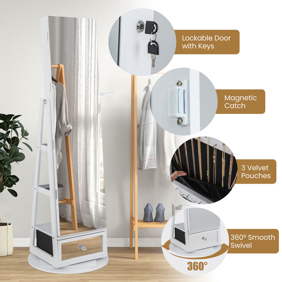 Lockable 360° Swivel Jewelry Cabinet with Full-Length Mirror, LED Lights - White