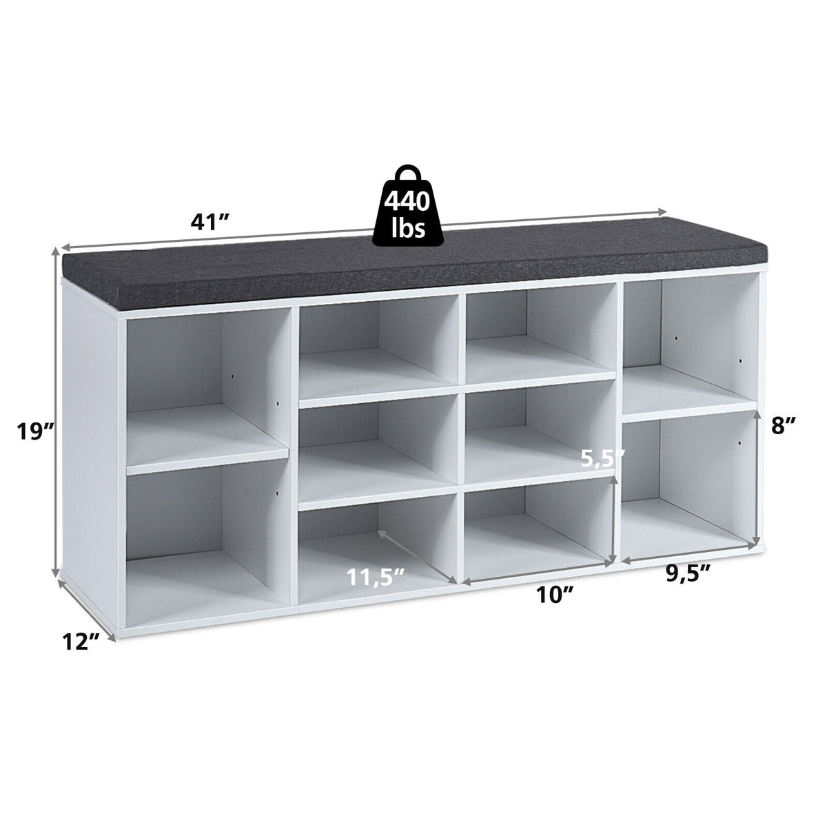 10-Cube Shoe Storage Bench with Cushion - White