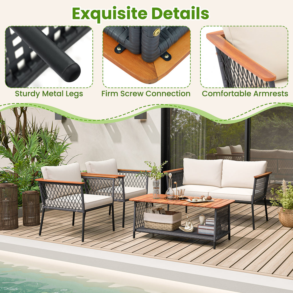 4-Piece Patio Rattan Furniture Set with Coffee Table - White
