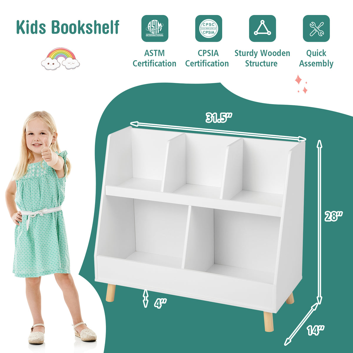 Kids Bookshelf and Toy Organizer 5 Cubes White - Anti-Tipping Safety
