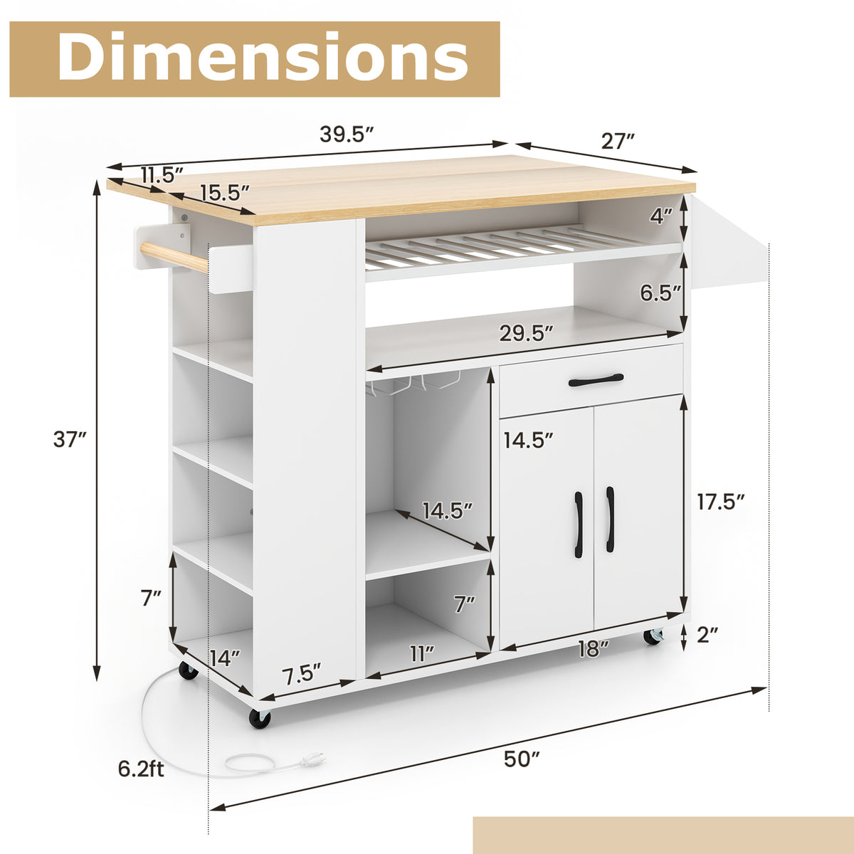 Rolling Kitchen Island Cart with Power Outlet - White