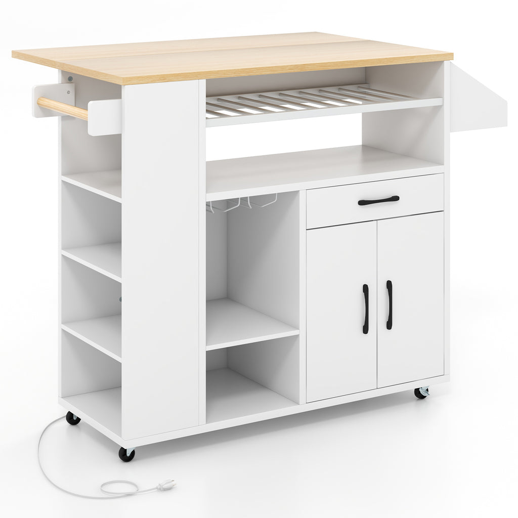 Rolling Kitchen Island Cart with Power Outlet - White