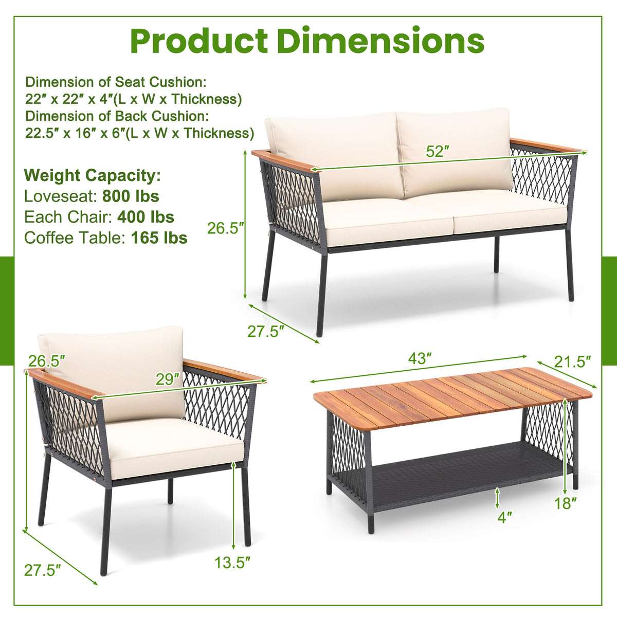 4-Piece Patio Rattan Furniture Set with Coffee Table - White