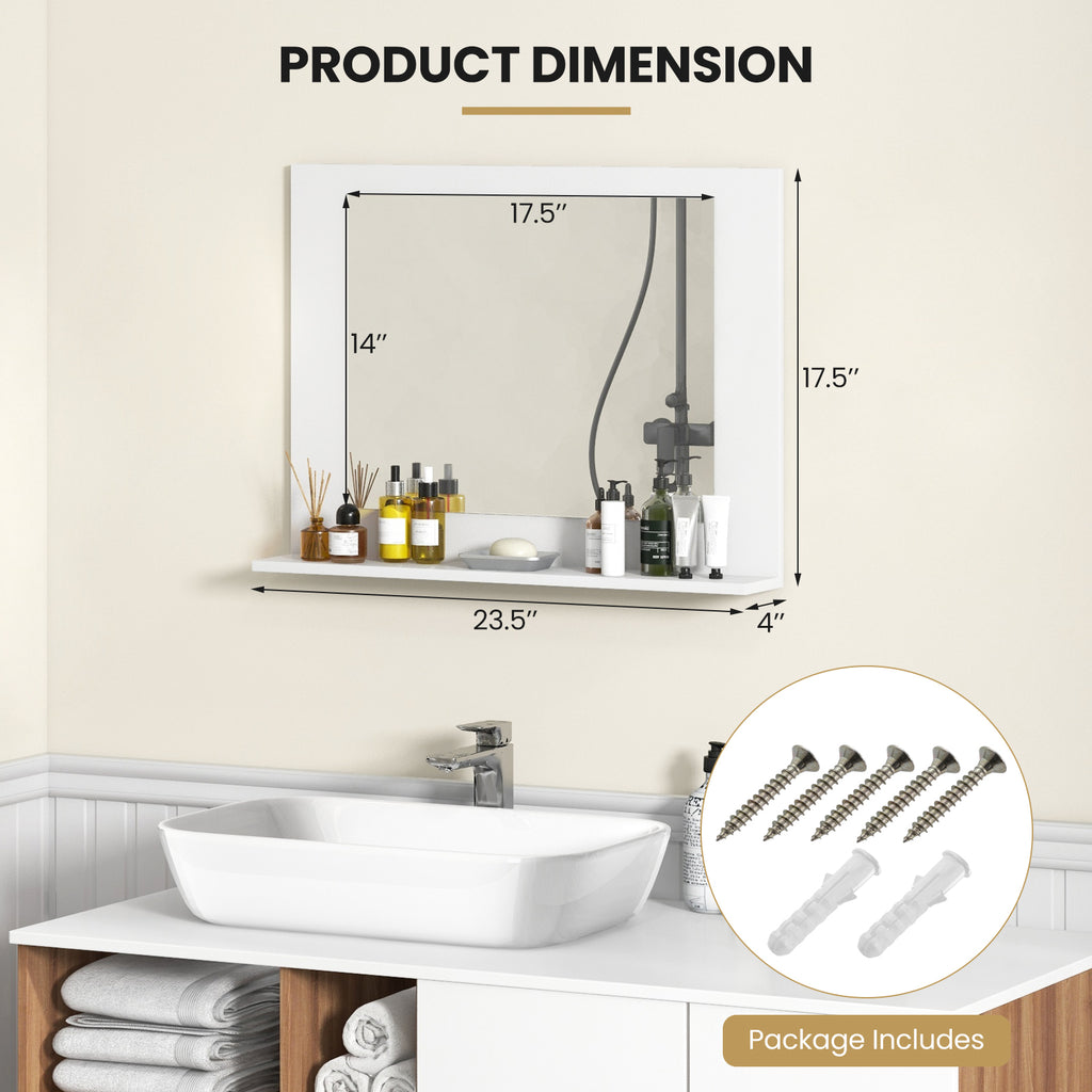 Bathroom Mirror with Shelf and Wood Frame - 23.5 x 17.5 Inches, White - Space-Saving Wall Mount