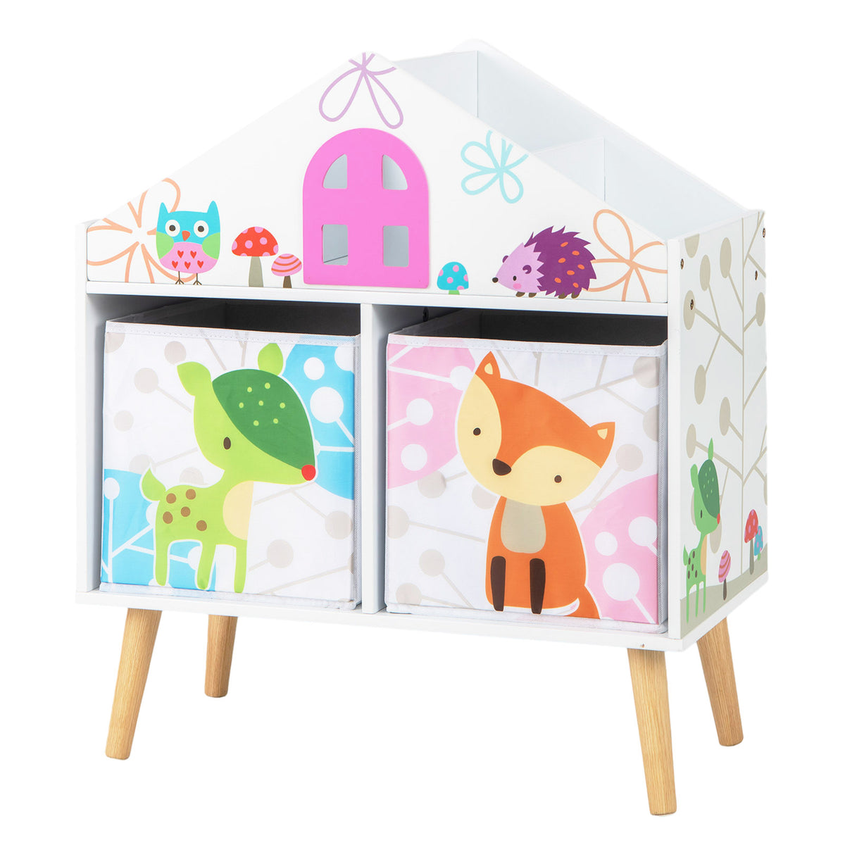 Kids House-Shaped Bookshelf with 2 Storage Bins - White Kids Room Storage