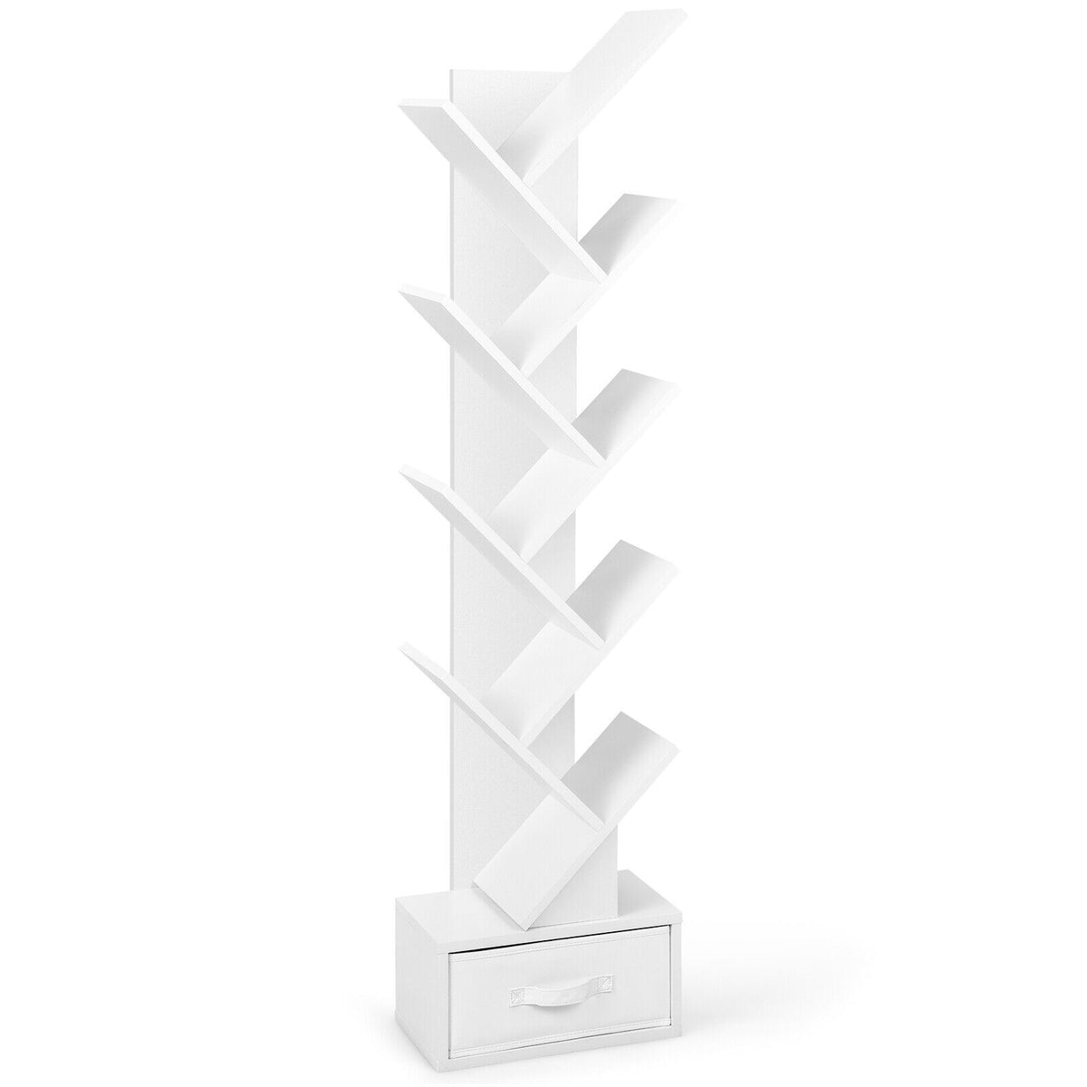 10-Tier Tree Bookshelf with Fabric Drawer - White