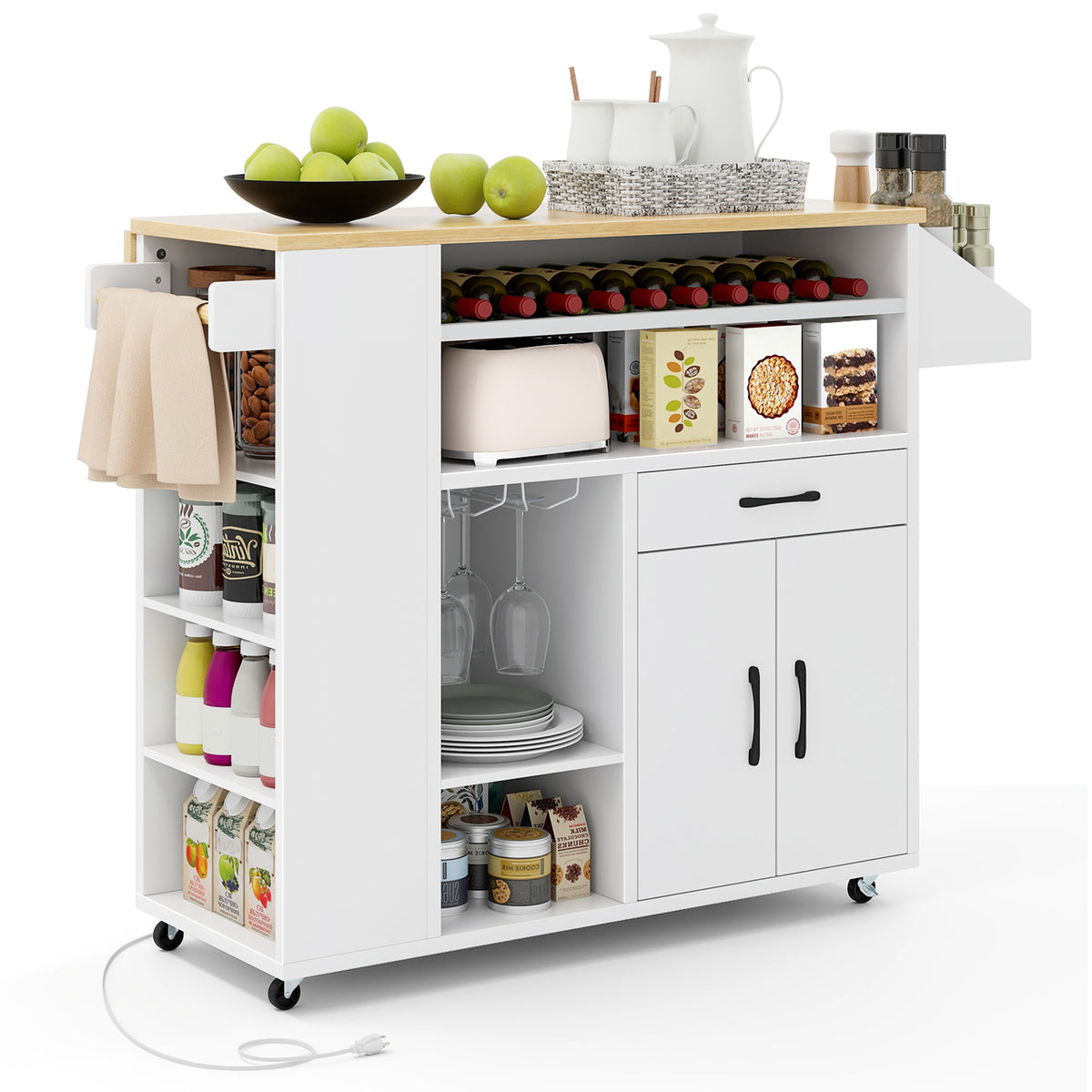 Rolling Kitchen Island Cart with Power Outlet - White