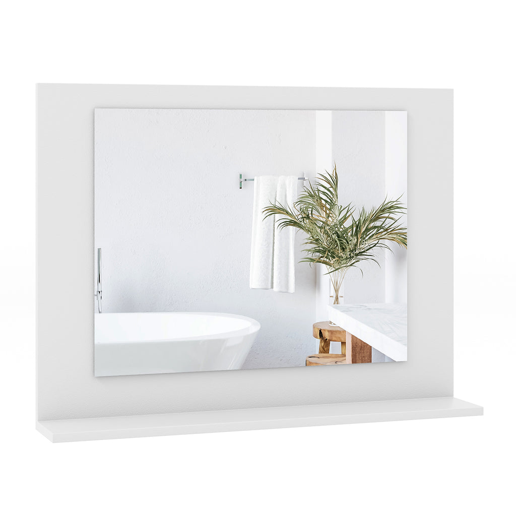 Bathroom Mirror with Shelf and Wood Frame - 23.5 x 17.5 Inches, White - Space-Saving Wall Mount