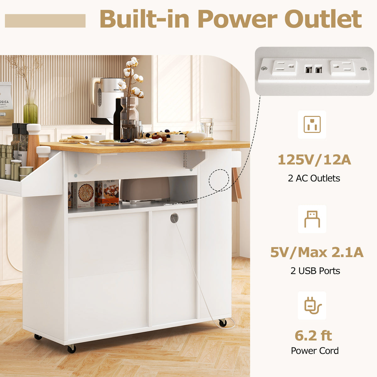 Rolling Kitchen Island Cart with Power Outlet - White