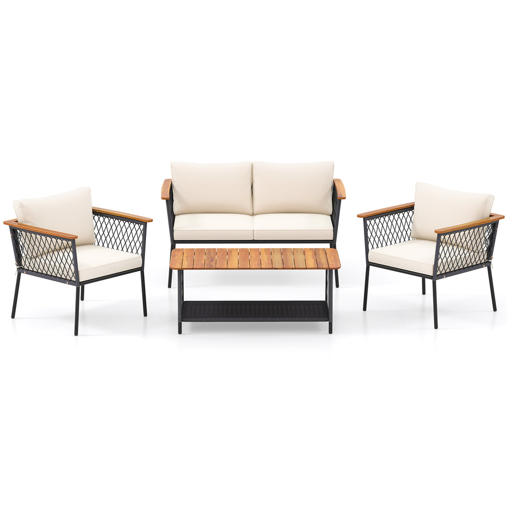 4-Piece Patio Rattan Furniture Set with Coffee Table - White