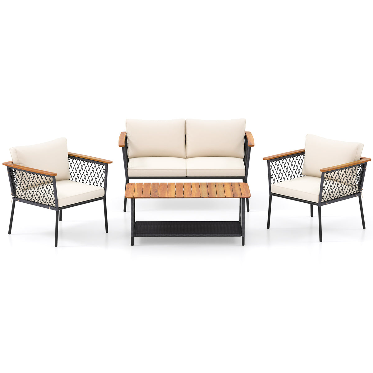 4-Piece Patio Rattan Furniture Set with Coffee Table - White