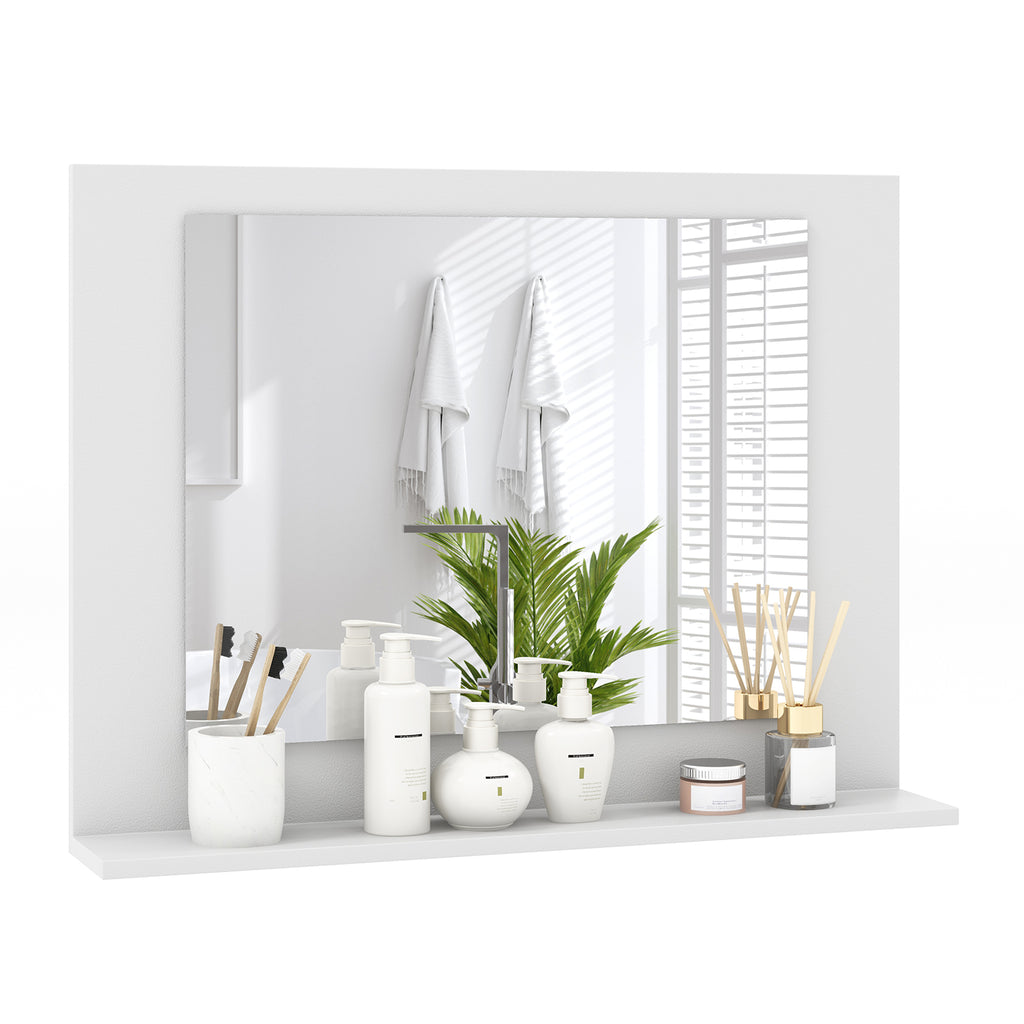 Bathroom Mirror with Shelf and Wood Frame - 23.5 x 17.5 Inches, White - Space-Saving Wall Mount