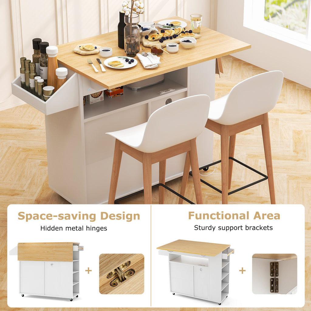 Rolling Kitchen Island Cart with Power Outlet - White