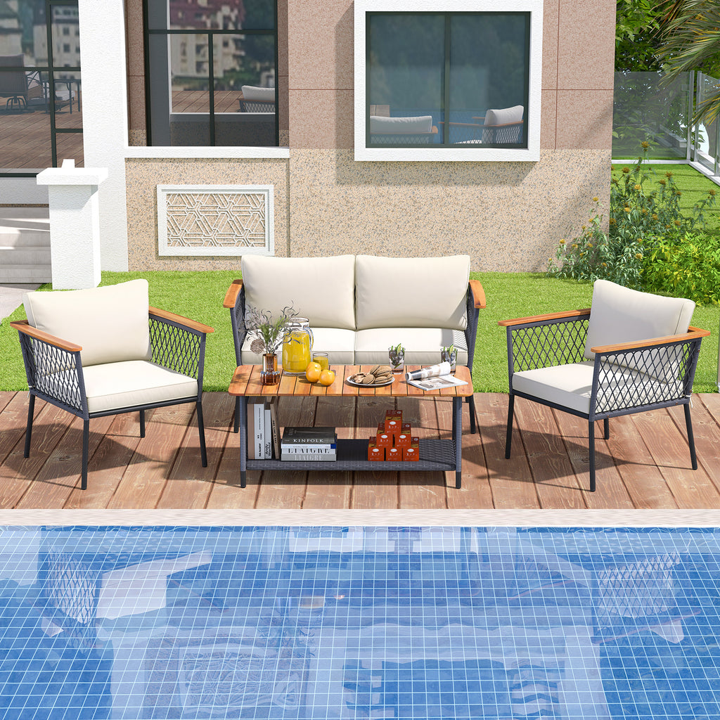 4-Piece Patio Rattan Furniture Set with Coffee Table - White