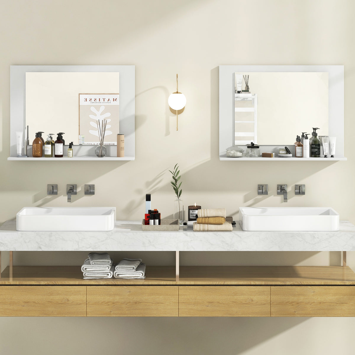 Bathroom Mirror with Shelf and Wood Frame - 23.5 x 17.5 Inches, White - Space-Saving Wall Mount
