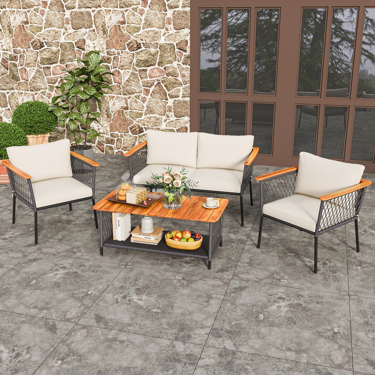4-Piece Patio Rattan Furniture Set with Coffee Table - White