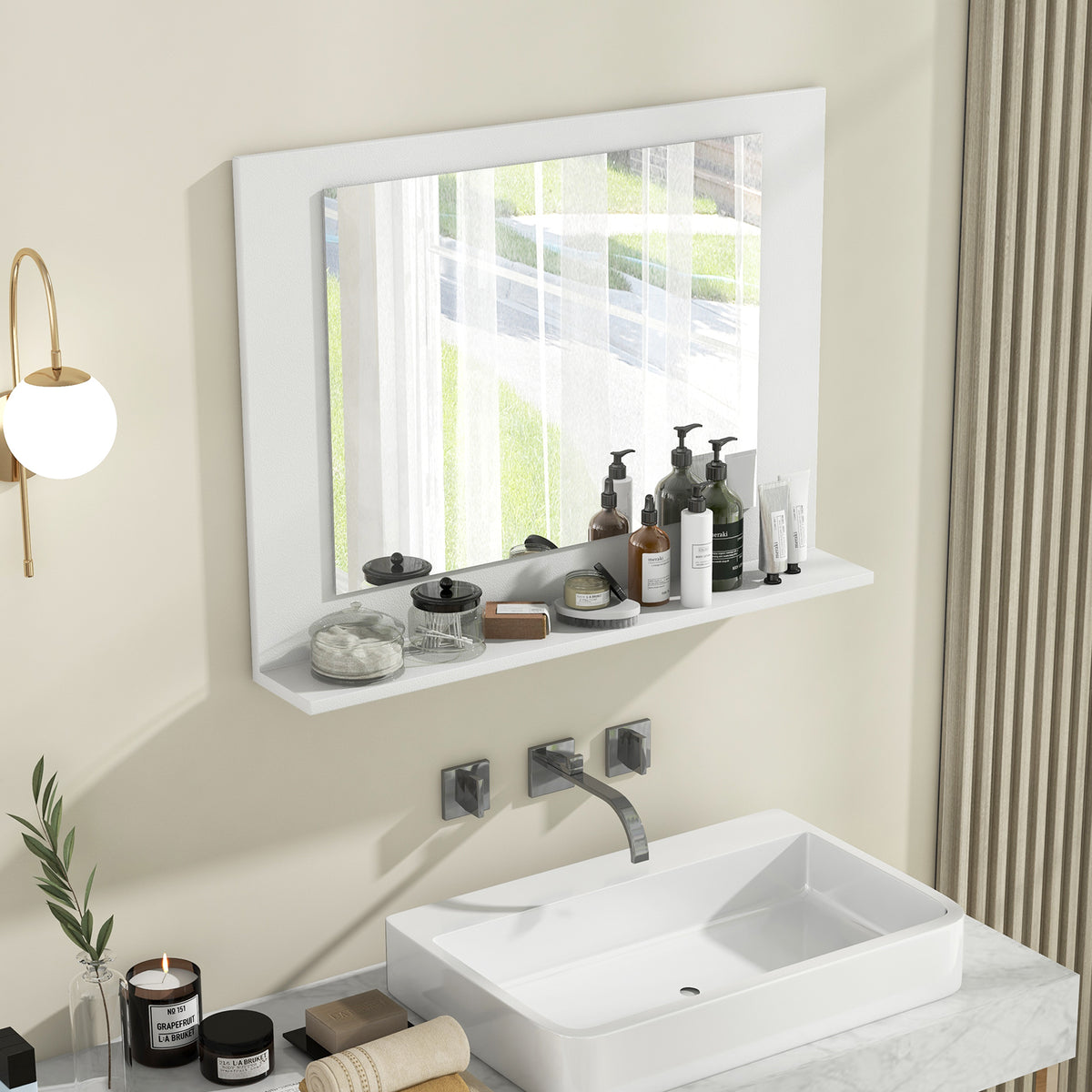 Bathroom Mirror with Shelf and Wood Frame - 23.5 x 17.5 Inches, White - Space-Saving Wall Mount