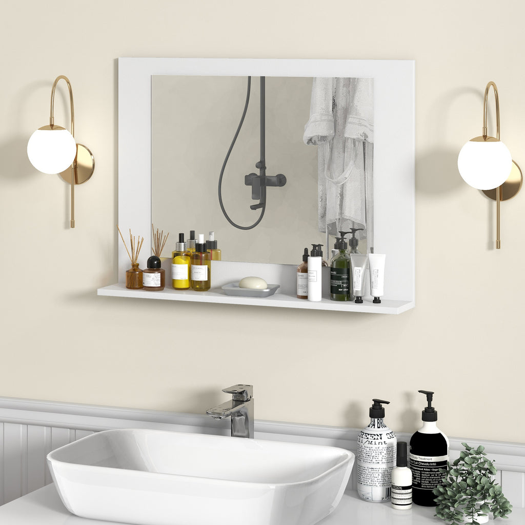 Bathroom Mirror with Shelf and Wood Frame - 23.5 x 17.5 Inches, White - Space-Saving Wall Mount