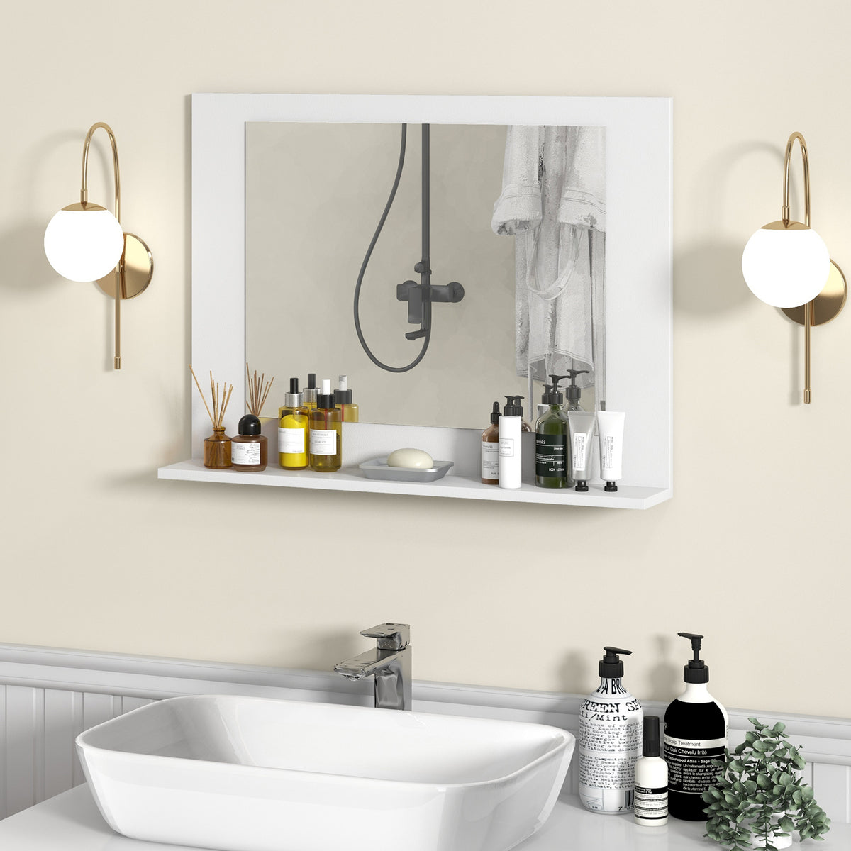 Bathroom Mirror with Shelf and Wood Frame - 23.5 x 17.5 Inches, White - Space-Saving Wall Mount