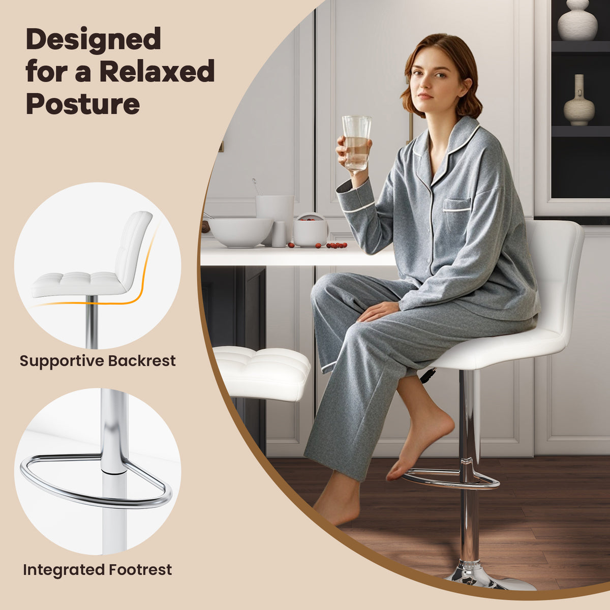 Set of 2 Adjustable Bar Stools with Back - Grid Pattern White