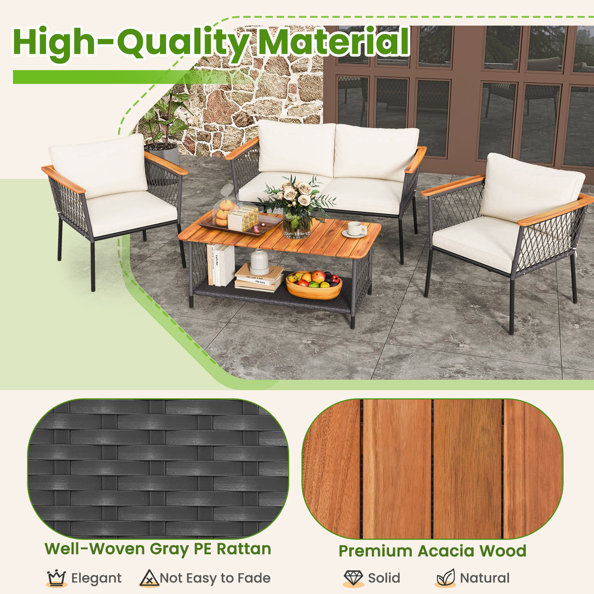 4-Piece Patio Rattan Furniture Set with Coffee Table - White