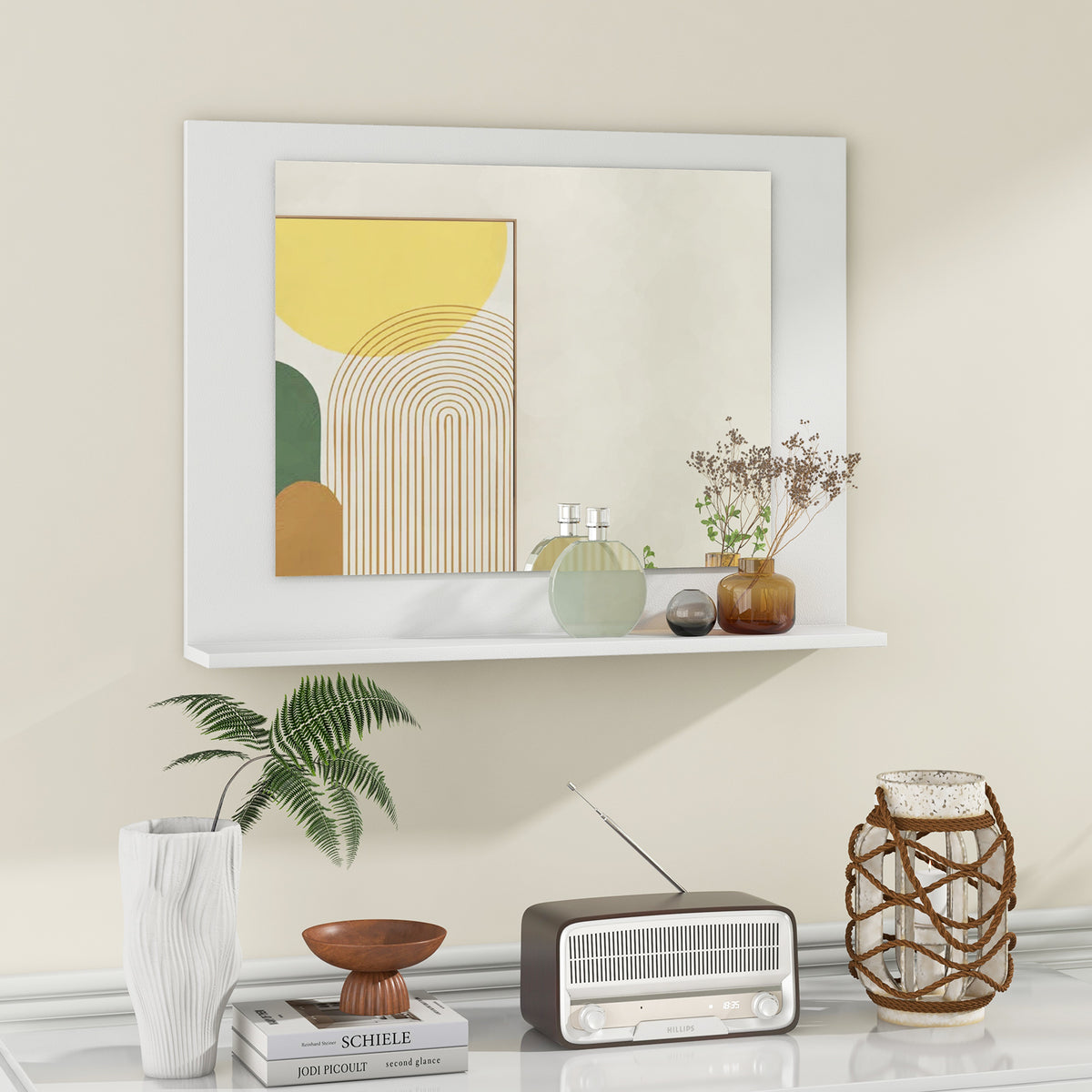 Bathroom Mirror with Shelf and Wood Frame - 23.5 x 17.5 Inches, White - Space-Saving Wall Mount
