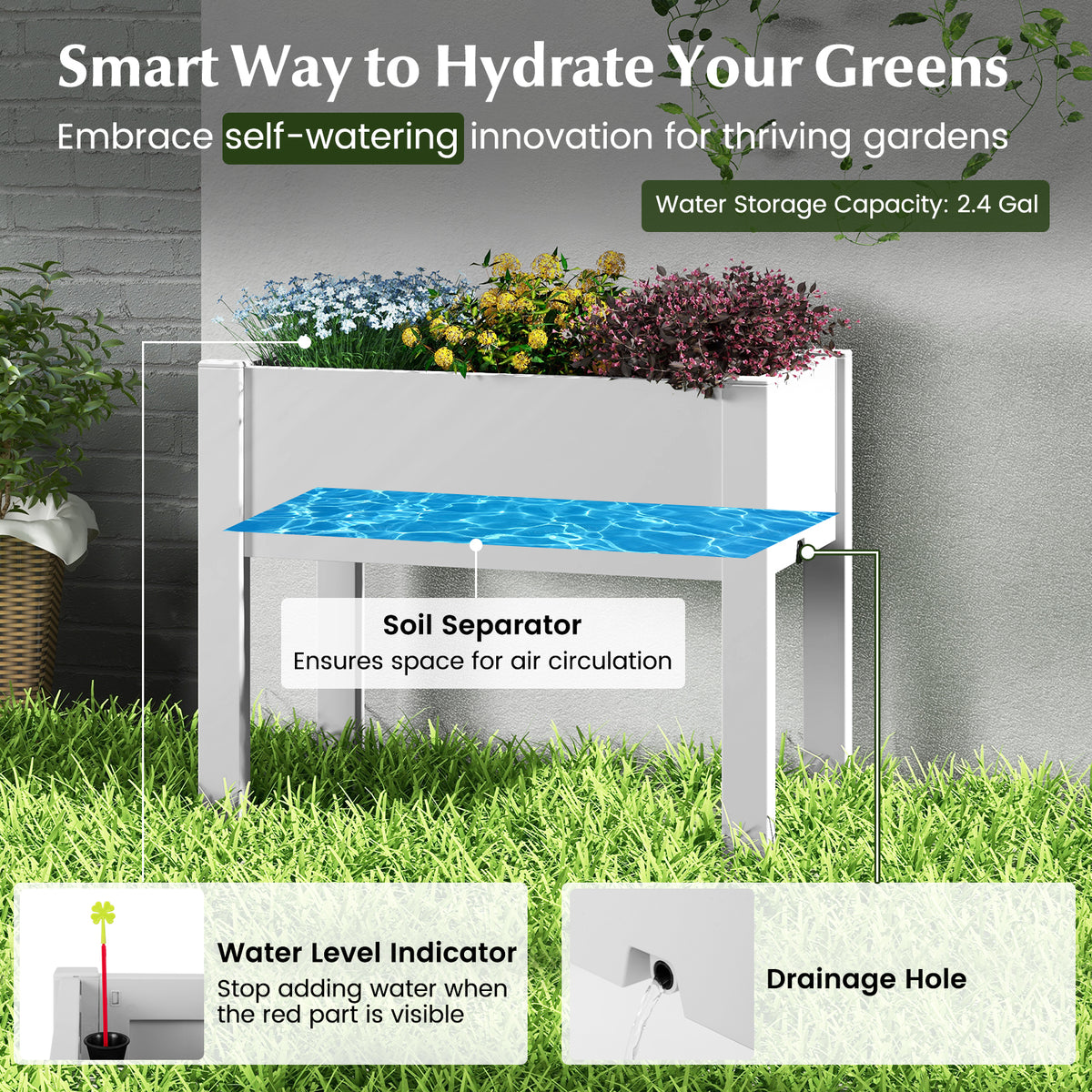 53L Raised Bed Planter Box with Water Level Monitor – Light Gray