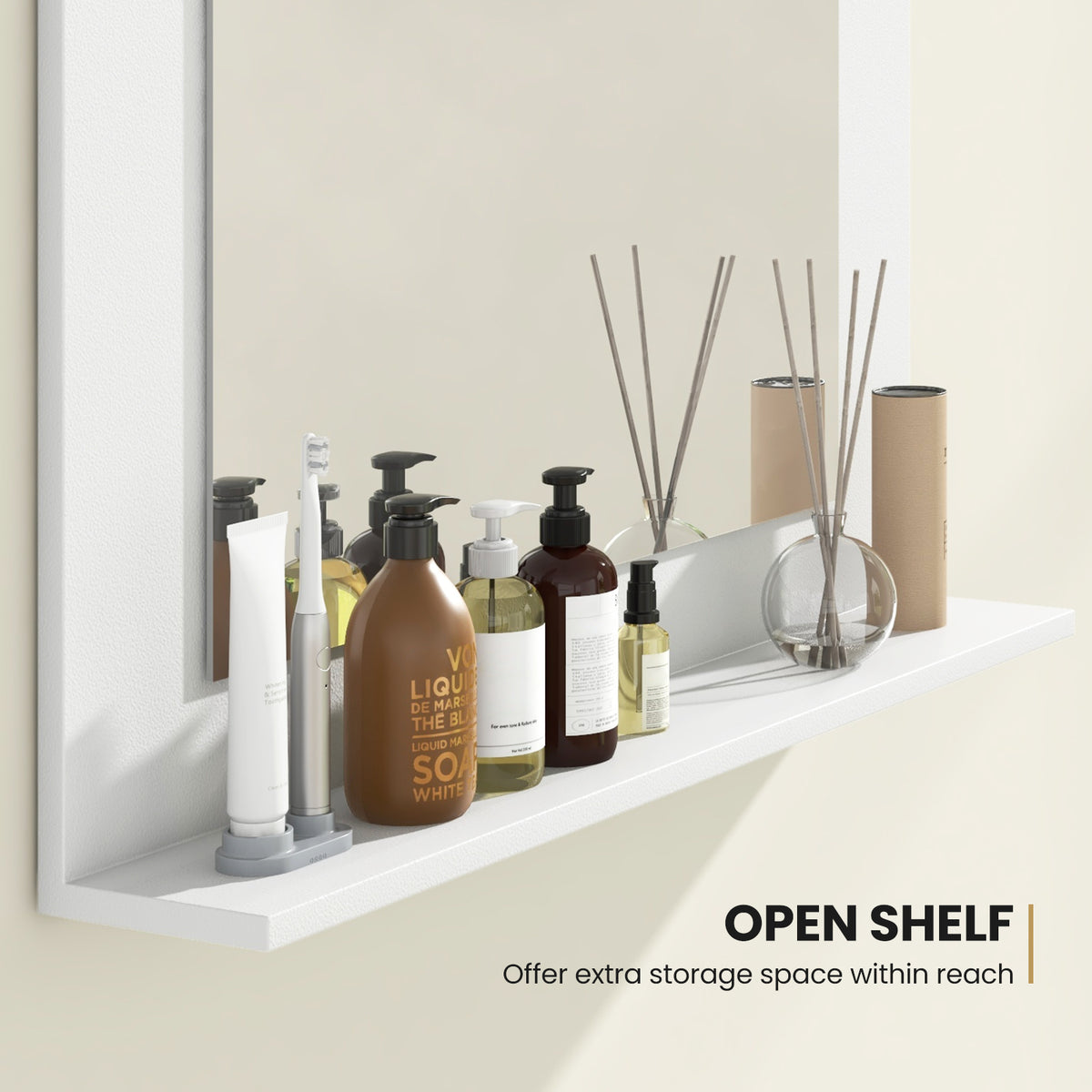 Bathroom Mirror with Shelf and Wood Frame - 23.5 x 17.5 Inches, White - Space-Saving Wall Mount