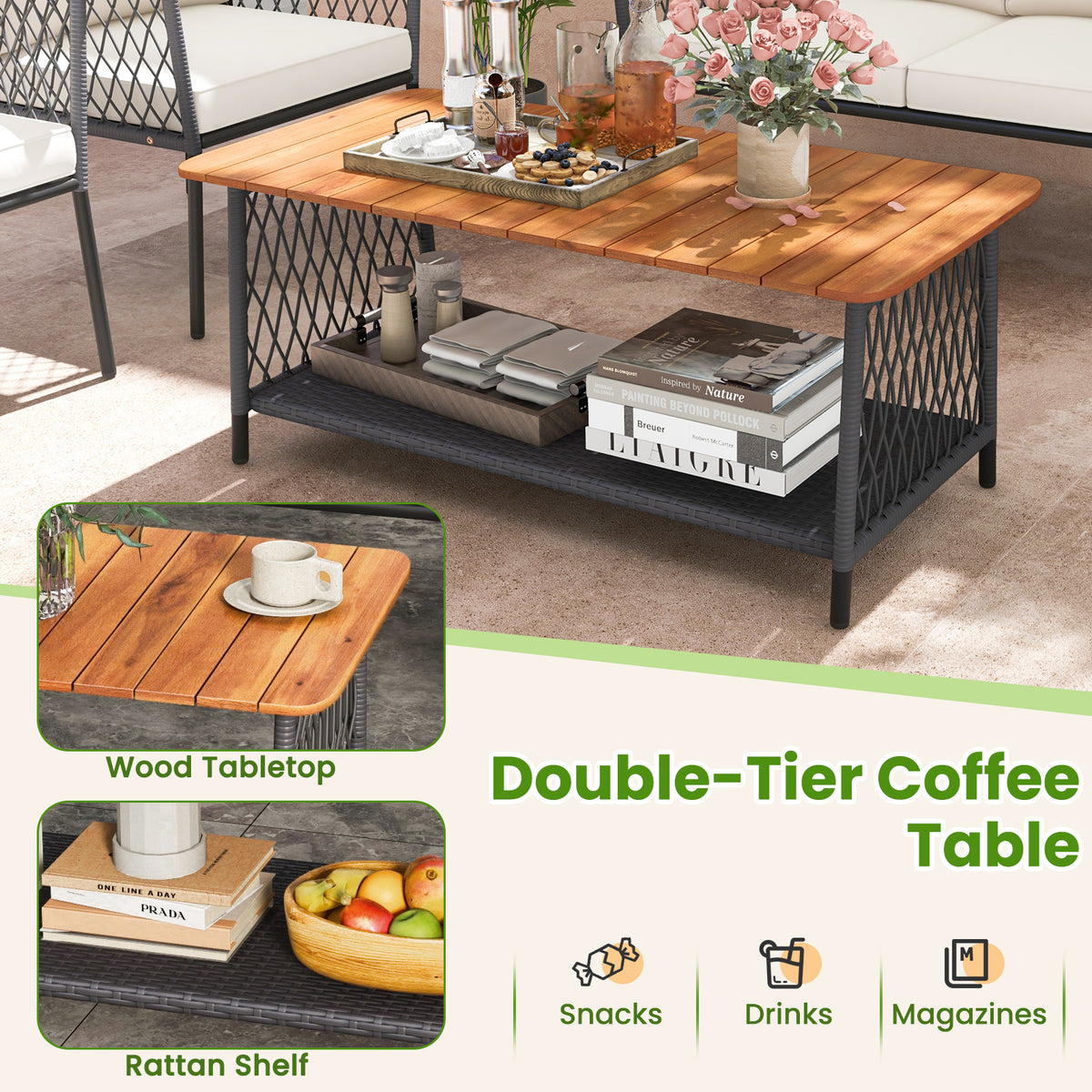 4-Piece Patio Rattan Furniture Set with Coffee Table - White
