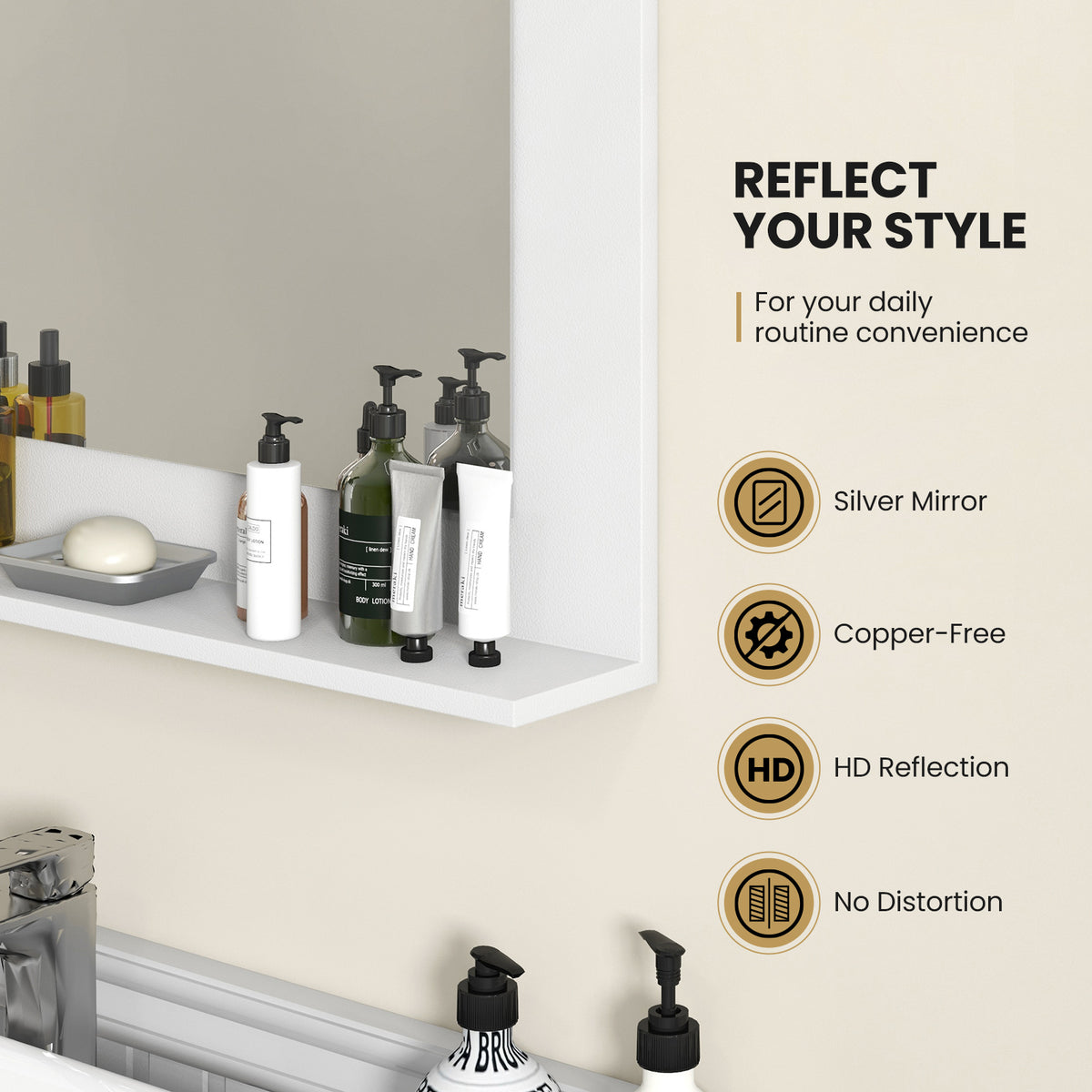 Bathroom Mirror with Shelf and Wood Frame - 23.5 x 17.5 Inches, White - Space-Saving Wall Mount