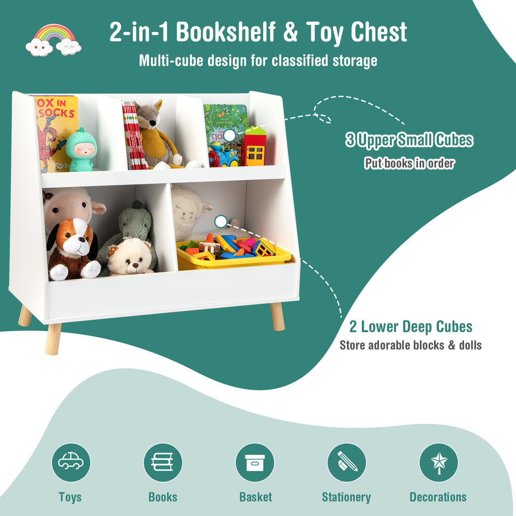Kids Bookshelf and Toy Organizer 5 Cubes White - Anti-Tipping Safety