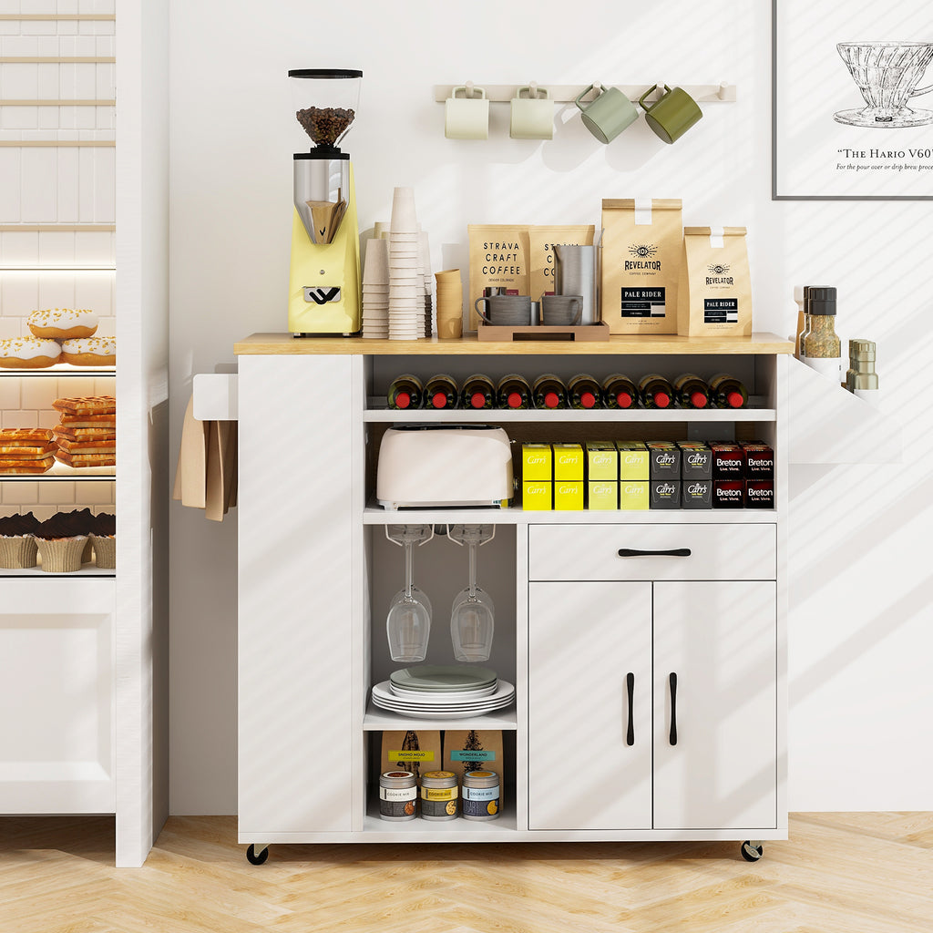 Rolling Kitchen Island Cart with Power Outlet - White