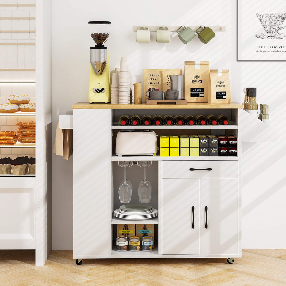 Rolling Kitchen Island Cart with Power Outlet - White