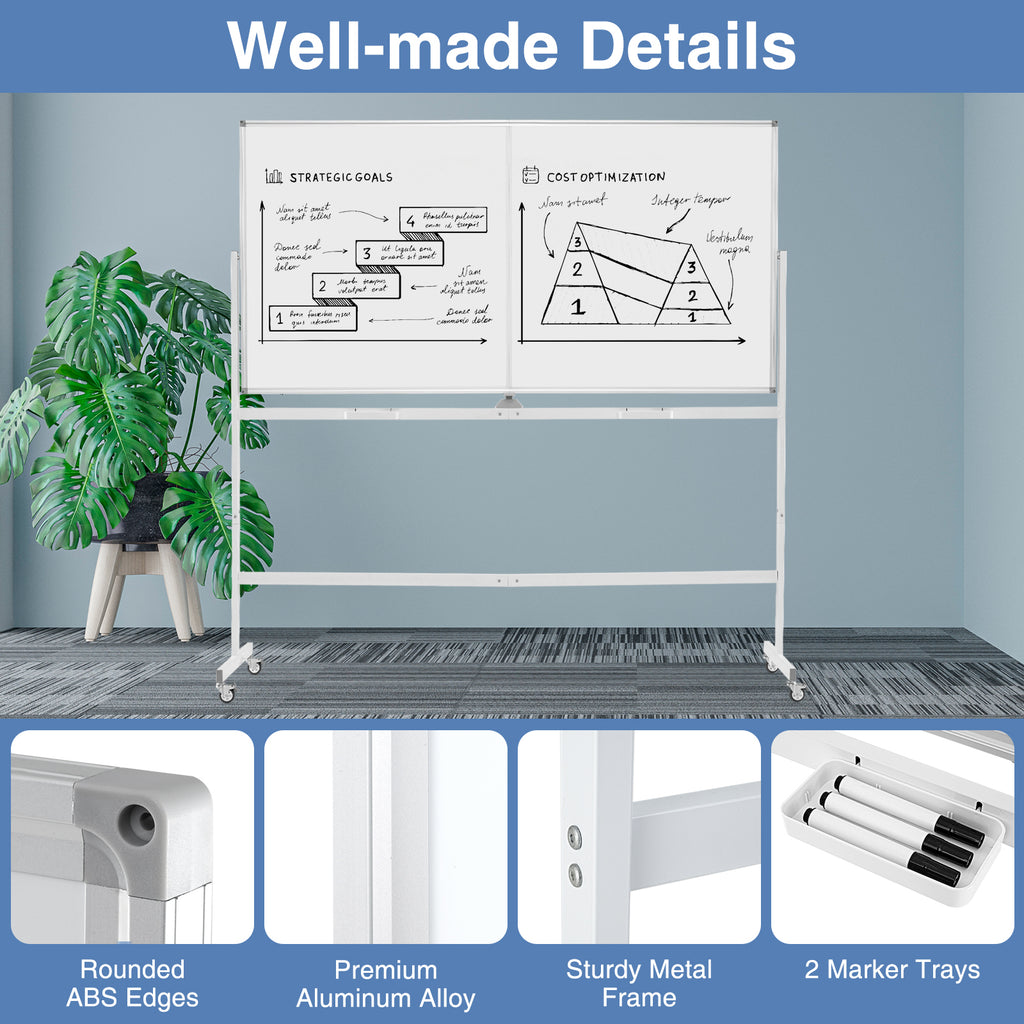 72x36 Inch Rolling Double-Sided Magnetic Whiteboard with Stand